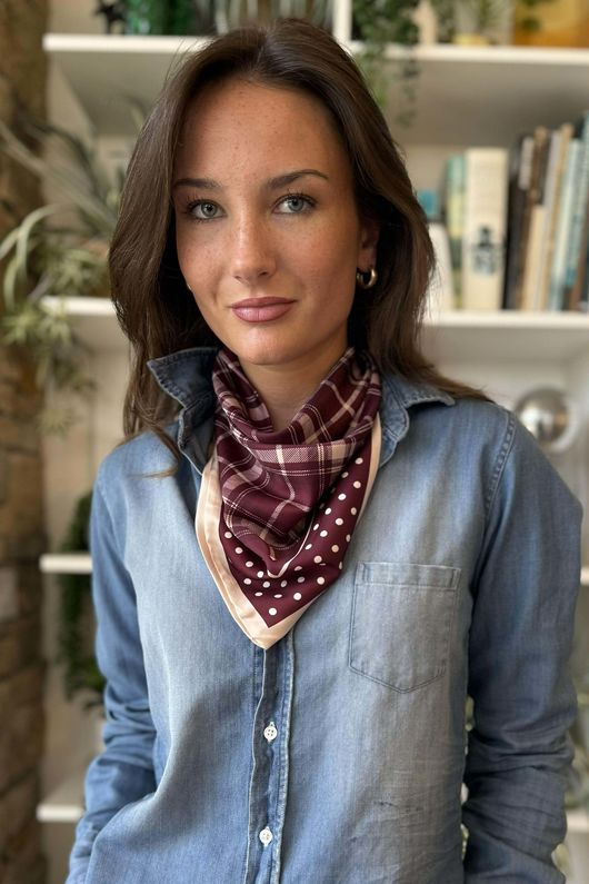 Plaid & Polka Border Triangle Silk Neckerchief Burgundy